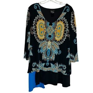 Eva Varro Black Layered Asymmetrical Tunic with Multicolored Graphic - Size XL